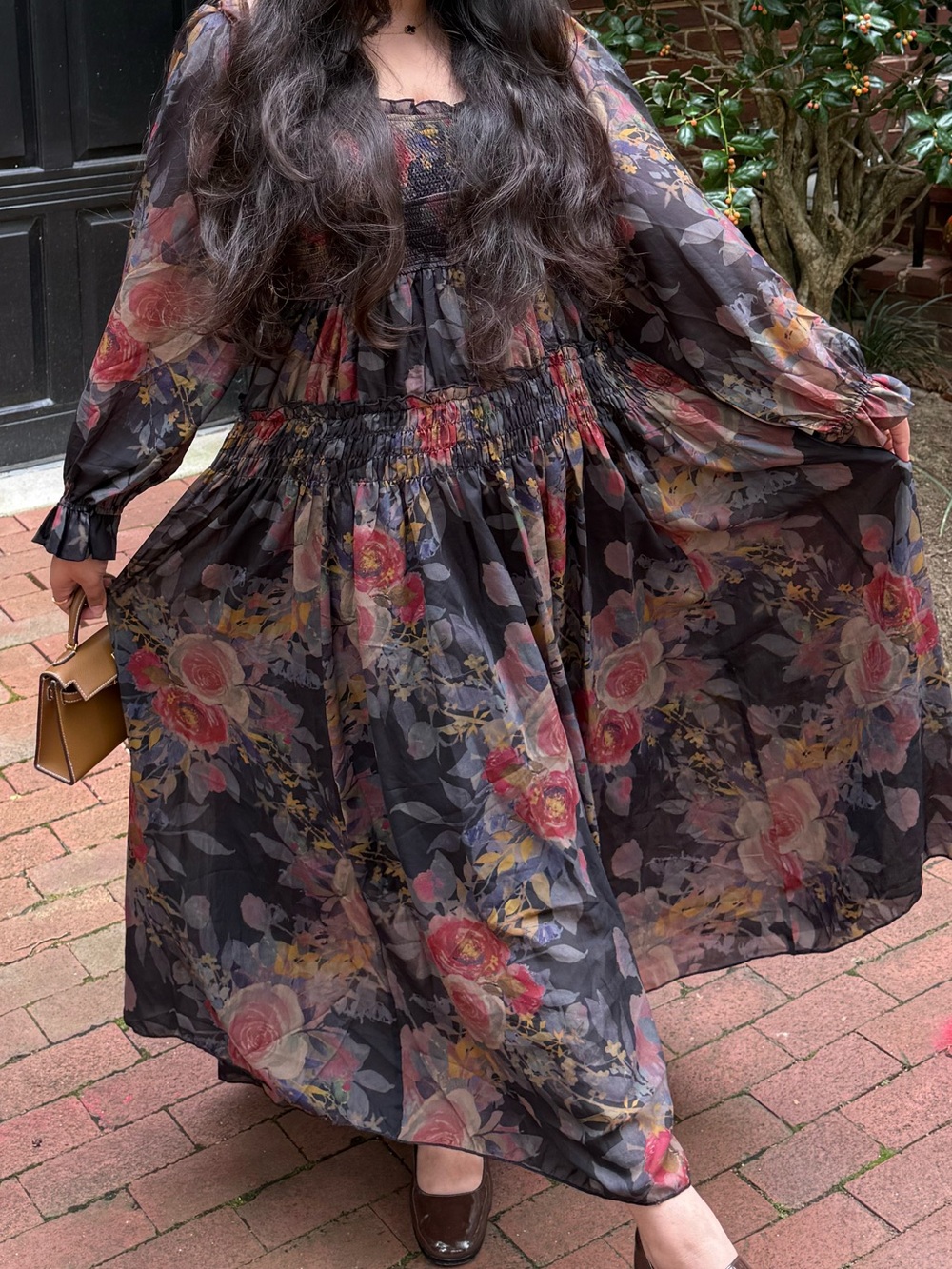 Floral Smocked Waist Long Sleeve Maxi Dress — Black Floral
